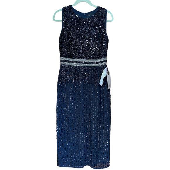 Mac Duggal NWT Size 8 10509 Blue Sleeveless High Neck Beaded Midi Sheath Dress - Picture 4 of 8